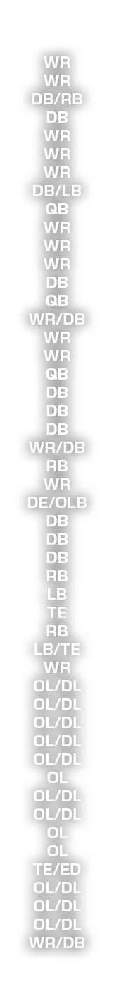 WR WR DB/RB DB WR WR WR DB/LB QB WR WR WR DB QB WR/DB WR WR QB DB DB DB WR/DB RB WR DE/OLB DB DB DB RB LB TE RB LB/TE...