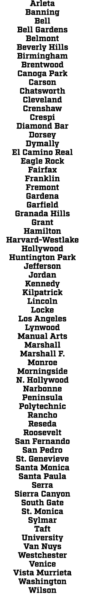 Arleta Banning Bell Bell Gardens Belmont Beverly Hills Birmingham Brentwood Canoga Park Carson Chatsworth Cleveland C...
