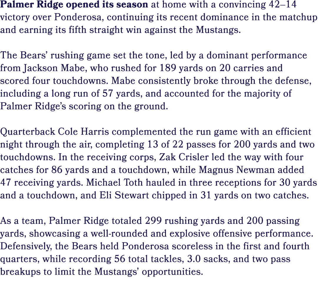 Palmer Ridge opened its season at home with a convincing 42–14 victory over Ponderosa, continuing its recent dominanc...