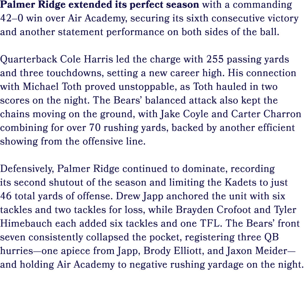 Palmer Ridge extended its perfect season with a commanding 42–0 win over Air Academy, securing its sixth consecutive ...