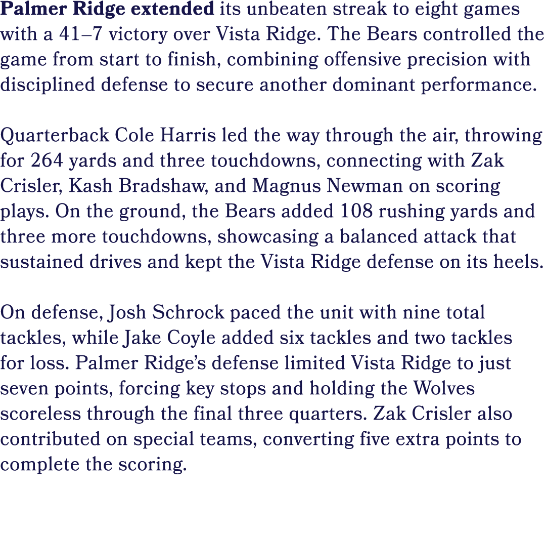 Palmer Ridge extended its unbeaten streak to eight games with a 41–7 victory over Vista Ridge. The Bears controlled t...