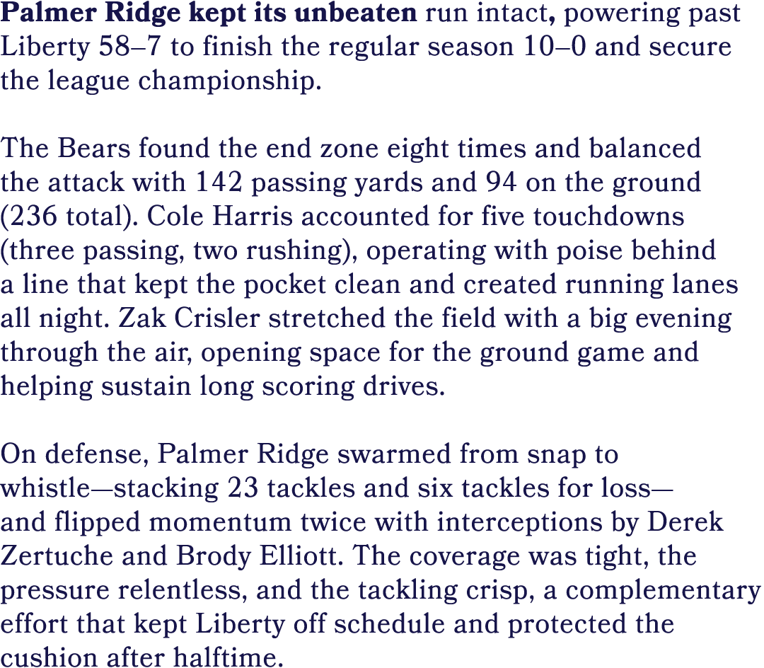 Palmer Ridge kept its unbeaten run intact, powering past Liberty 58–7 to finish the regular season 10–0 and secure th...