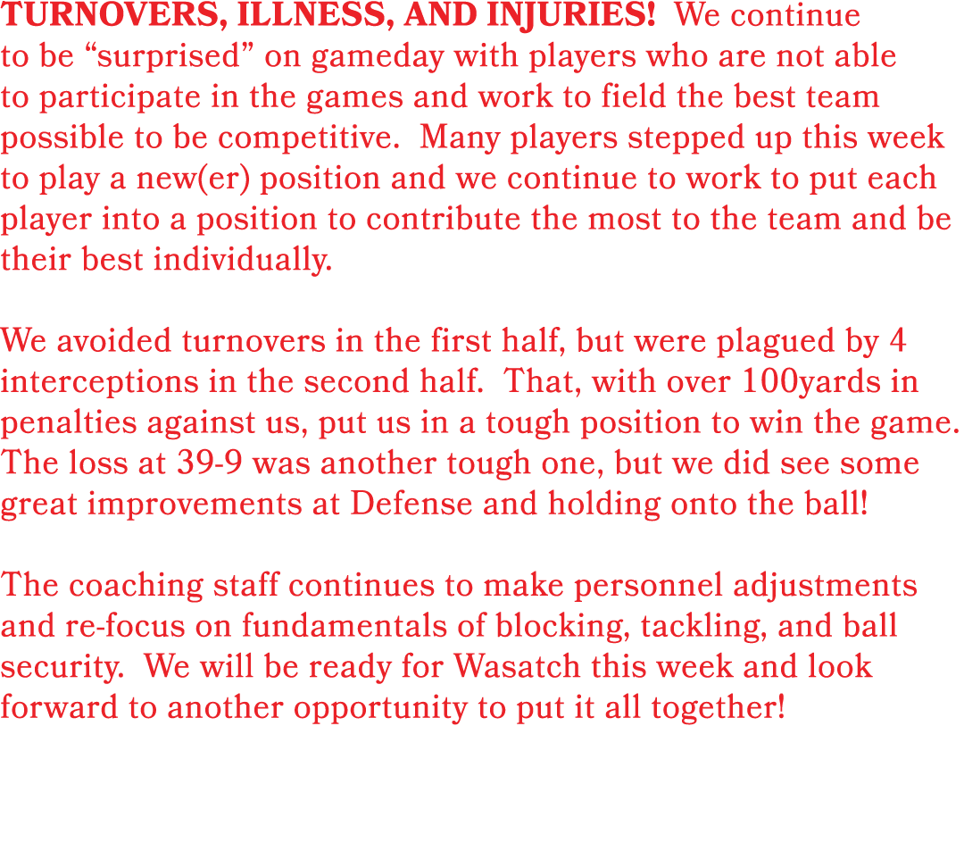 TURNOVERS, ILLNESS, AND INJURIES! We continue to be “surprised” on gameday with players who are not able to participa...