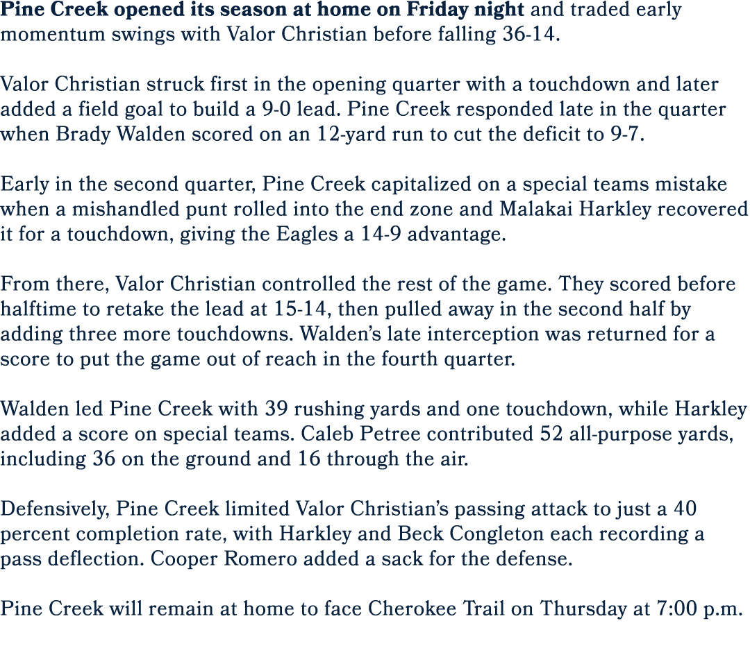 Pine Creek opened its season at home on Friday night and traded early momentum swings with Valor Christian before fal...