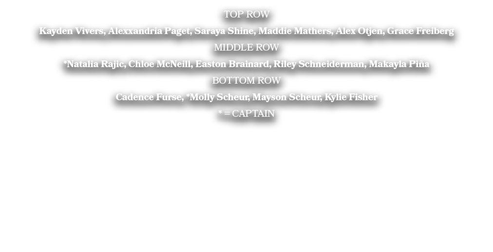 TOP ROW Kayden Vivers, Alexxandria Paget, Saraya Shine, Maddie Mathers, Alex Otjen, Grace Freiberg MIDDLE ROW *Natali...