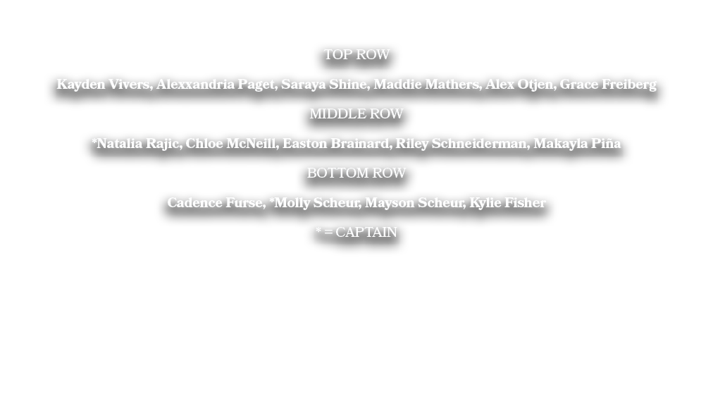 TOP ROW Kayden Vivers, Alexxandria Paget, Saraya Shine, Maddie Mathers, Alex Otjen, Grace Freiberg MIDDLE ROW *Natali...