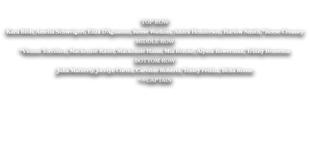 TOP ROW Kara Bibb, Amelia Schweigert, Eliza D’Aguanno, Reese Watkins, Andra Henderson, Harlow Smith, *Reese Creaney M...
