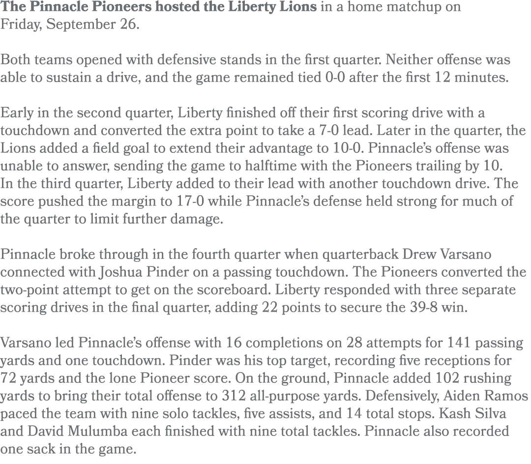 The Pinnacle Pioneers hosted the Liberty Lions in a home matchup on Friday, September 26. Both teams opened with defe...