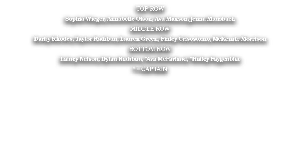 TOP ROW Sophia Wieger, Annabelle Olson, Ava Maxson, Jenna Mausbach MIDDLE ROW Darby Rhodes, Taylor Rathbun, Lauren Gr...