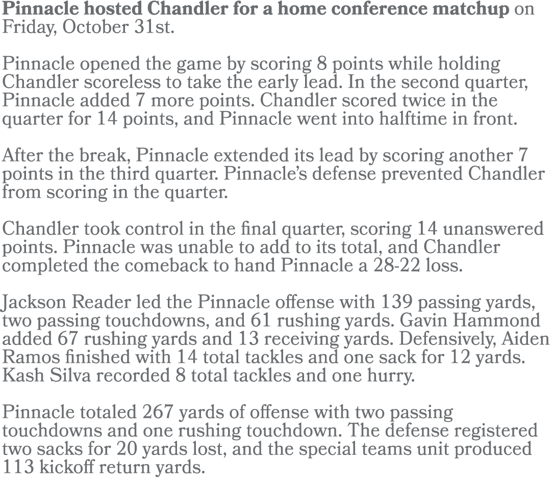 Pinnacle hosted Chandler for a home conference matchup on Friday, October 31st. Pinnacle opened the game by scoring 8...