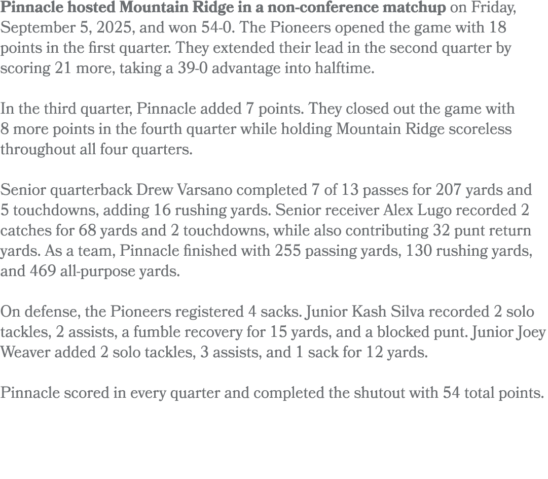 Pinnacle hosted Mountain Ridge in a non-conference matchup on Friday, September 5, 2025, and won 54-0. The Pioneers o...