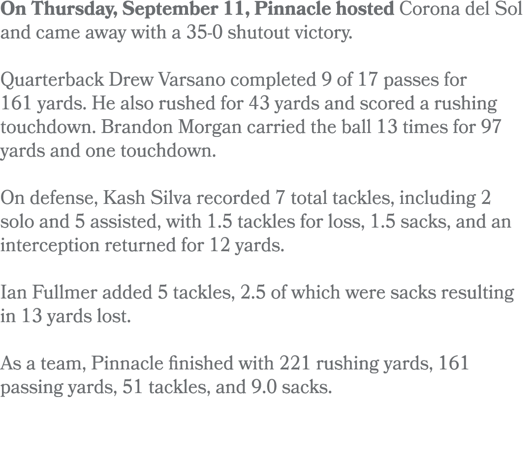 On Thursday, September 11, Pinnacle hosted Corona del Sol and came away with a 35-0 shutout victory. Quarterback Drew...