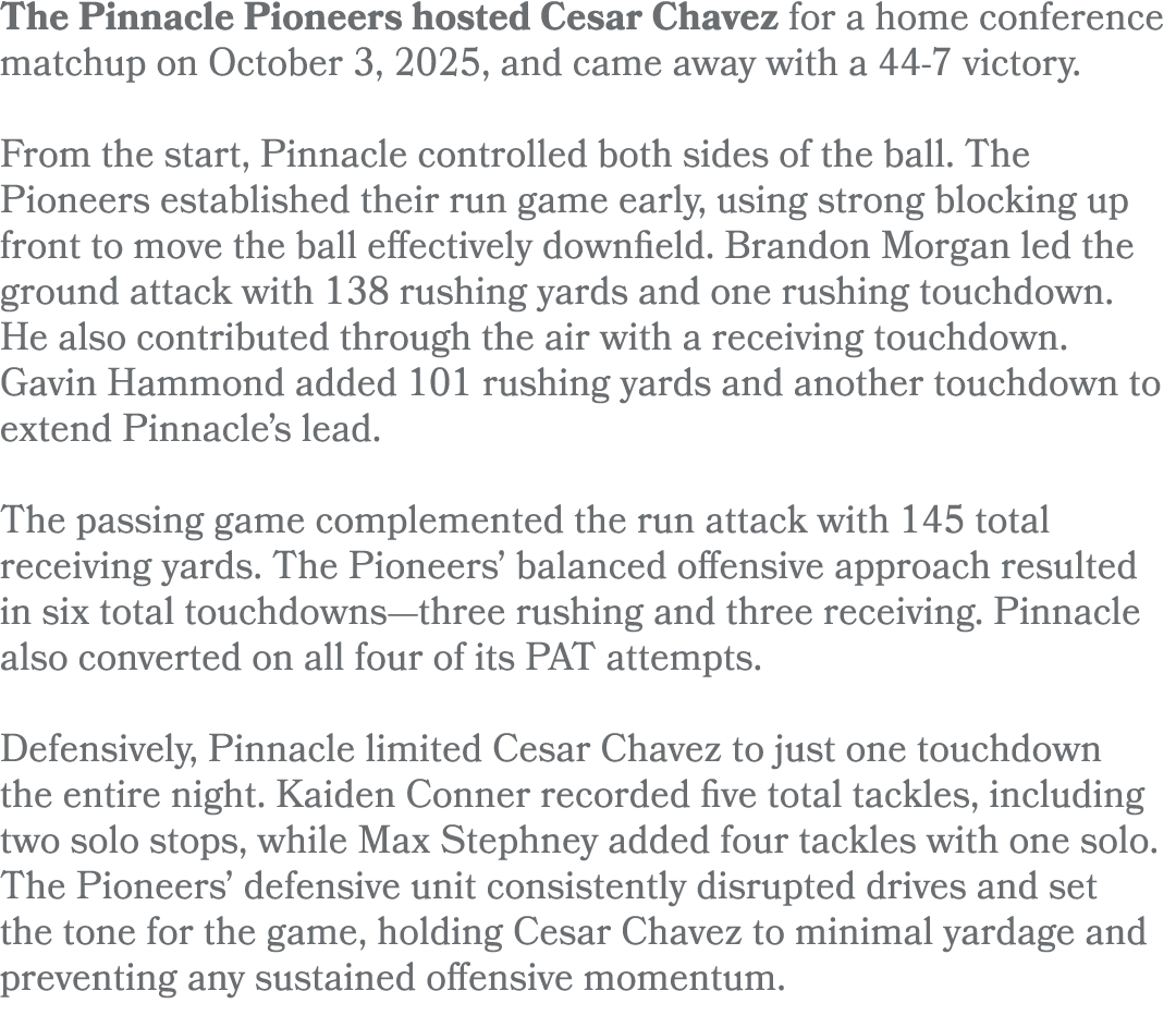 The Pinnacle Pioneers hosted Cesar Chavez for a home conference matchup on October 3, 2025, and came away with a 44-7...