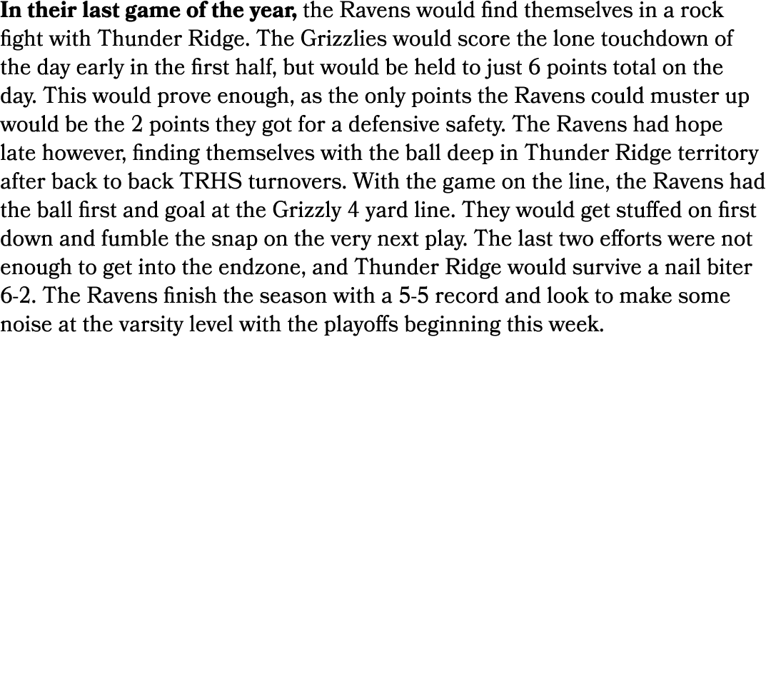 In their last game of the year, the Ravens would find themselves in a rock fight with Thunder Ridge. The Grizzlies wo...