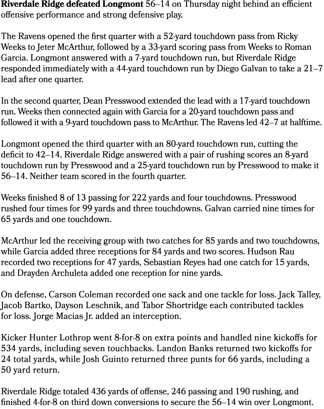 Riverdale Ridge defeated Longmont 56–14 on Thursday night behind an efficient offensive performance and strong defens...