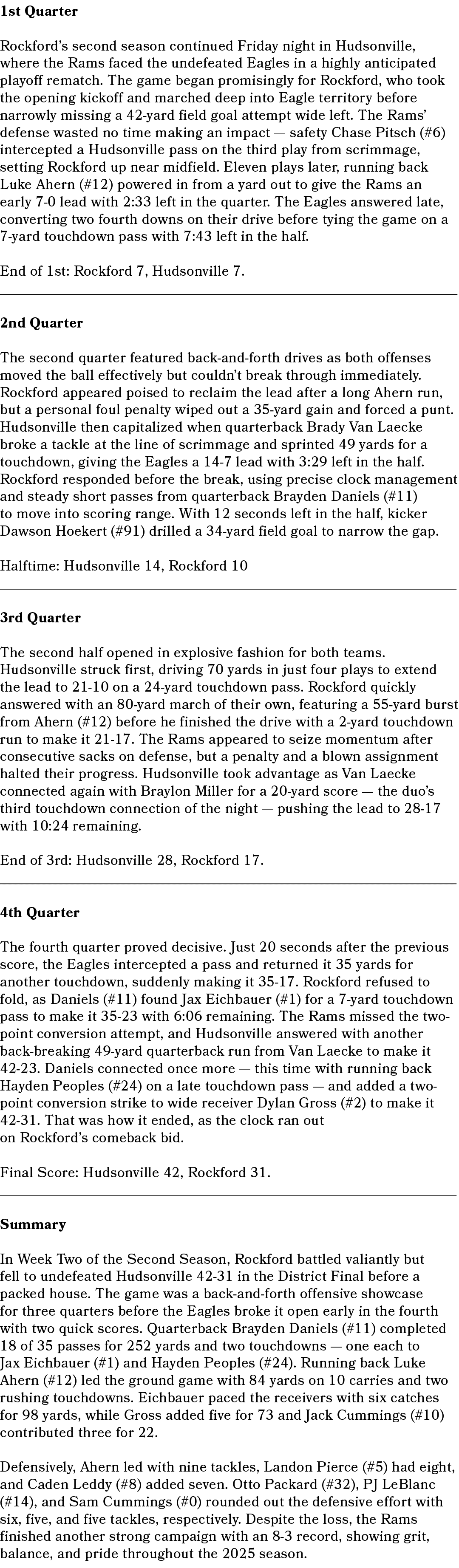 1st Quarter Rockford’s second season continued Friday night in Hudsonville, where the Rams faced the undefeated Eagle...