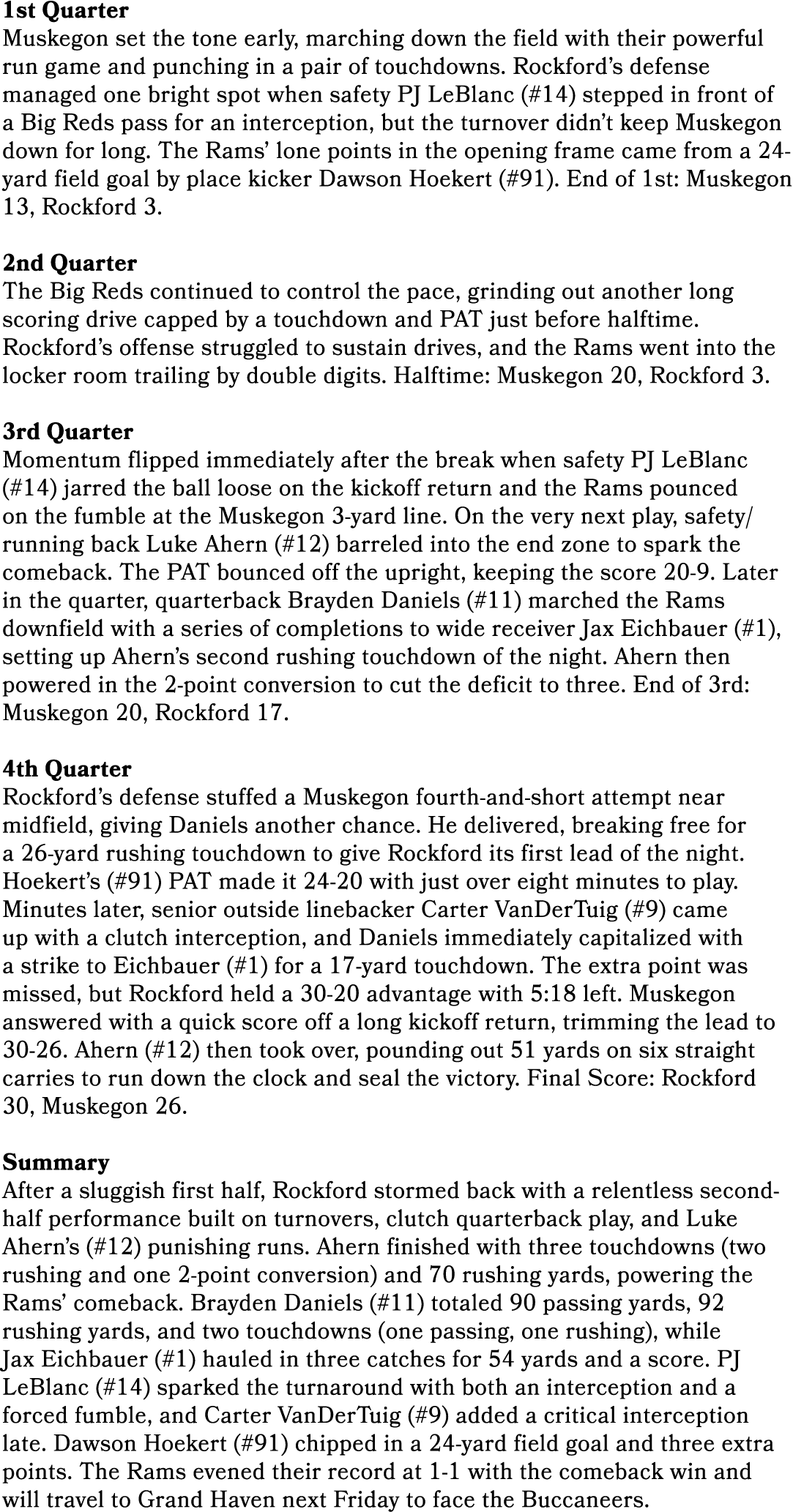 1st Quarter Muskegon set the tone early, marching down the field with their powerful run game and punching in a pair ...