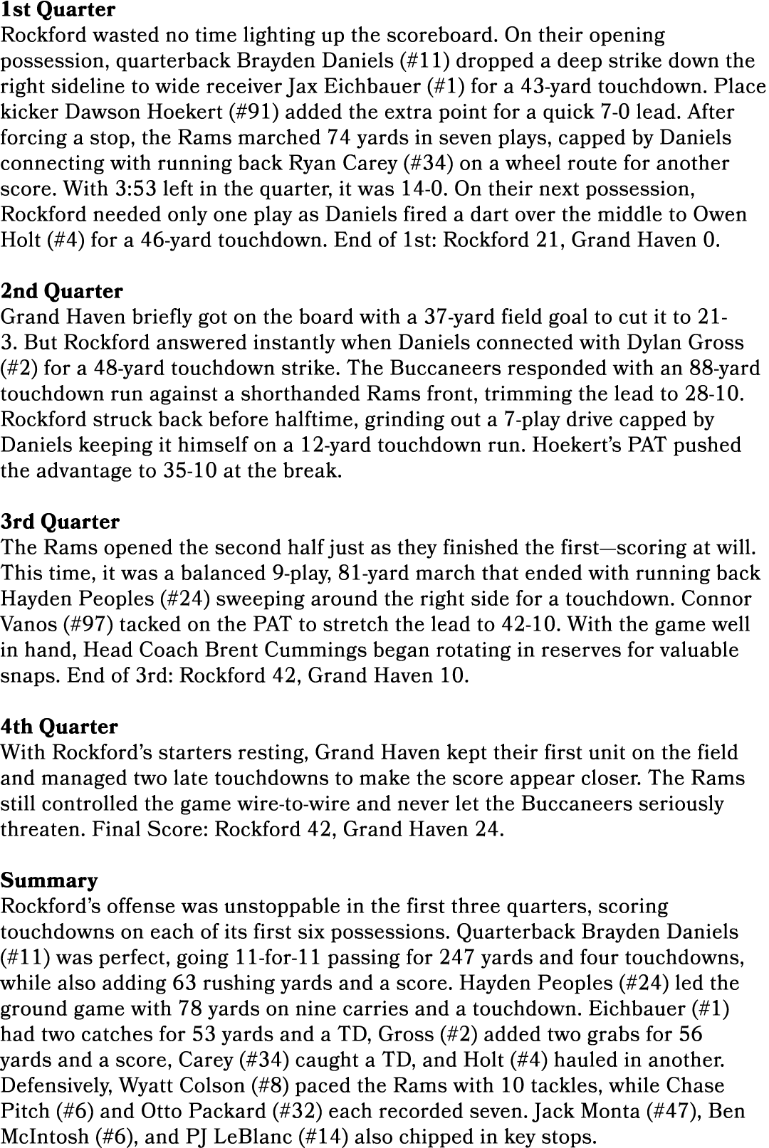 1st Quarter Rockford wasted no time lighting up the scoreboard. On their opening possession, quarterback Brayden Dani...