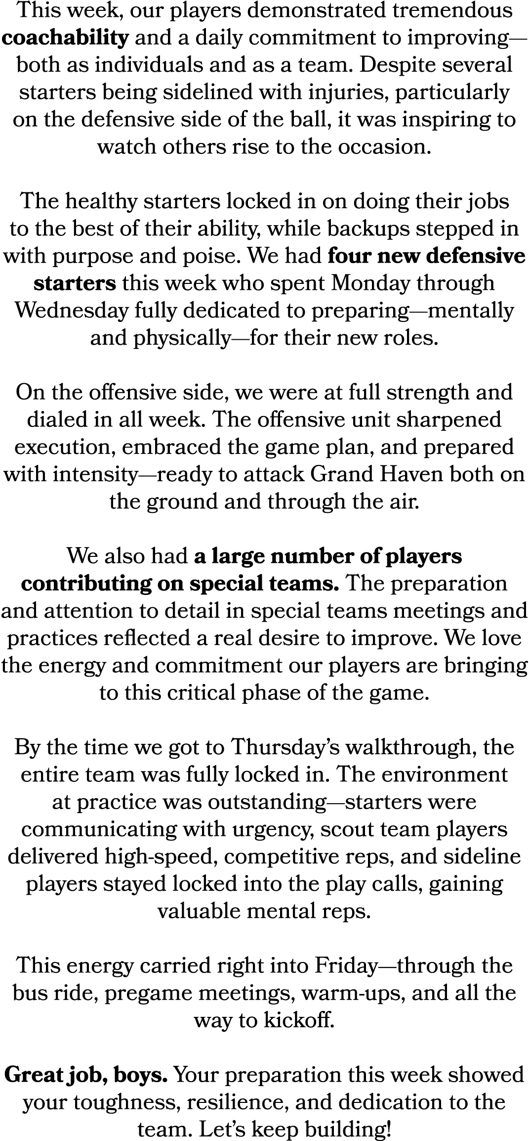 This week, our players demonstrated tremendous coachability and a daily commitment to improving—both as individuals a...