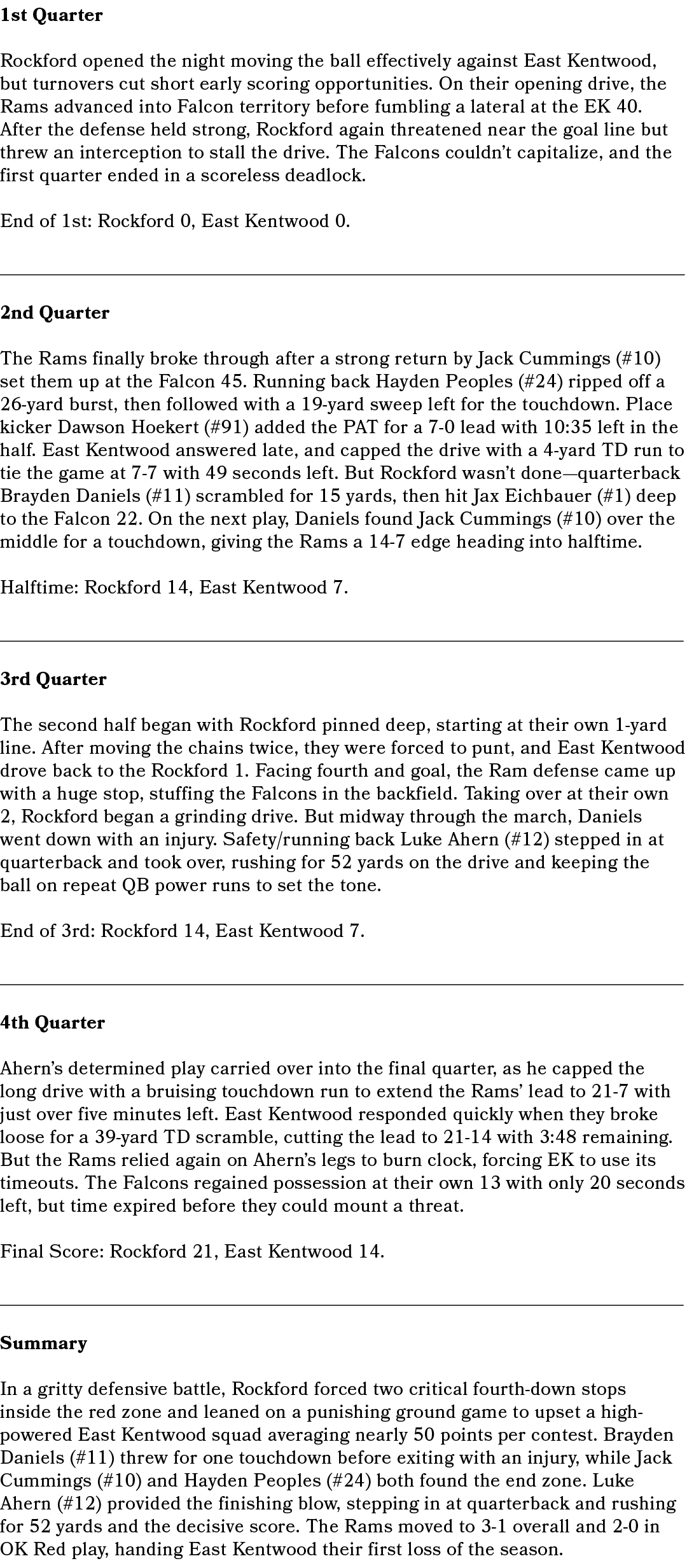 1st Quarter Rockford opened the night moving the ball effectively against East Kentwood, but turnovers cut short earl...