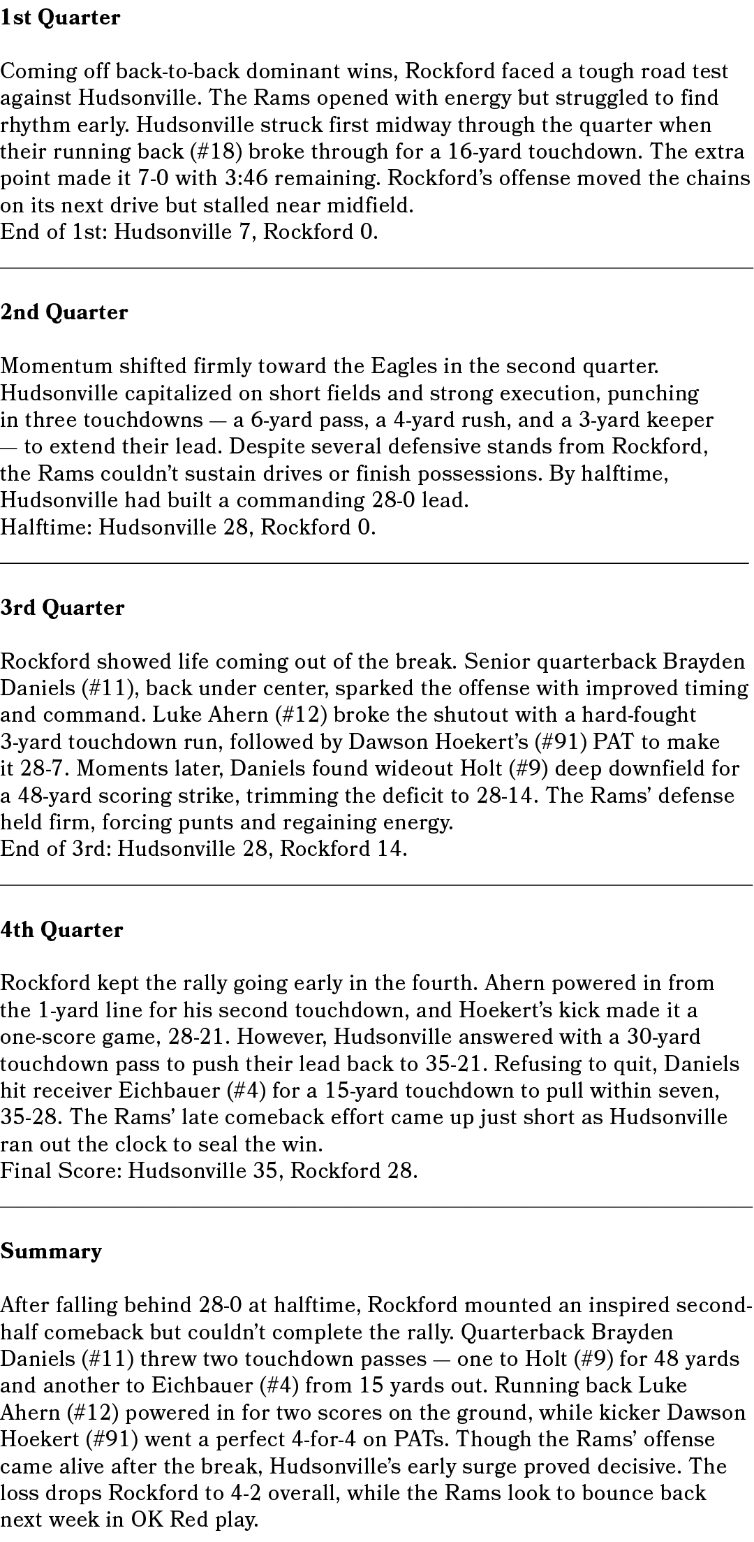 1st Quarter Coming off back to back dominant wins, Rockford faced a tough road test against Hudsonville. The Rams ope...