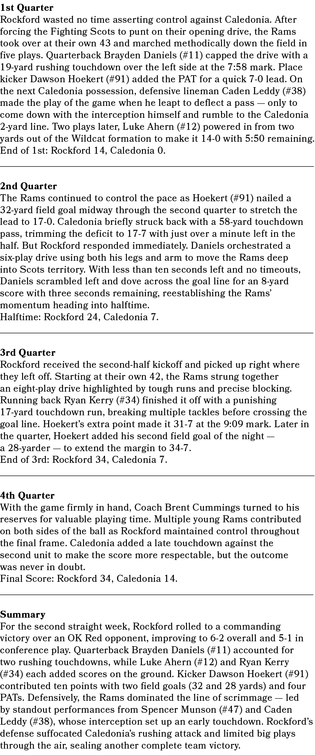 1st Quarter Rockford wasted no time asserting control against Caledonia. After forcing the Fighting Scots to punt on ...