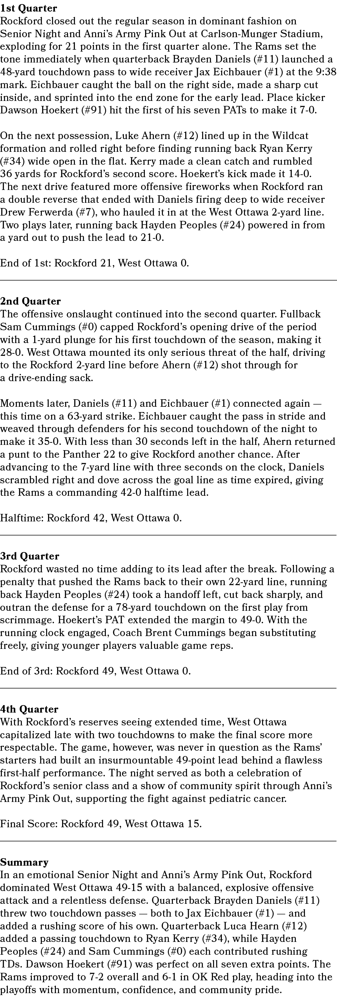 1st Quarter Rockford closed out the regular season in dominant fashion on Senior Night and Anni’s Army Pink Out at Ca...