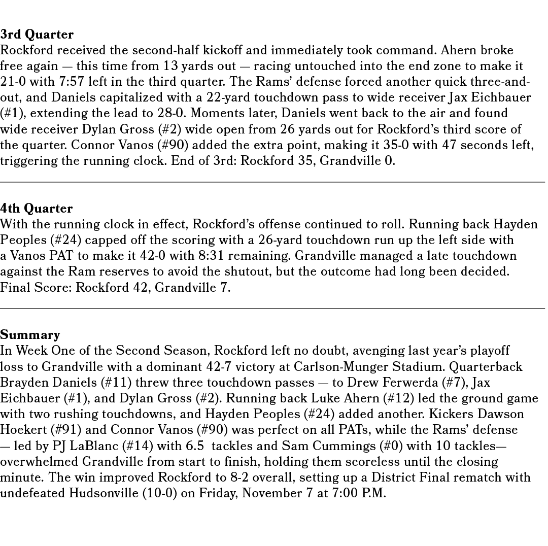 3rd Quarter Rockford received the second half kickoff and immediately took command. Ahern broke free again — this tim...