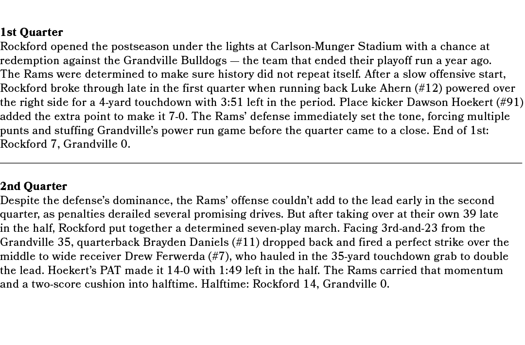 1st Quarter Rockford opened the postseason under the lights at Carlson Munger Stadium with a chance at redemption aga...