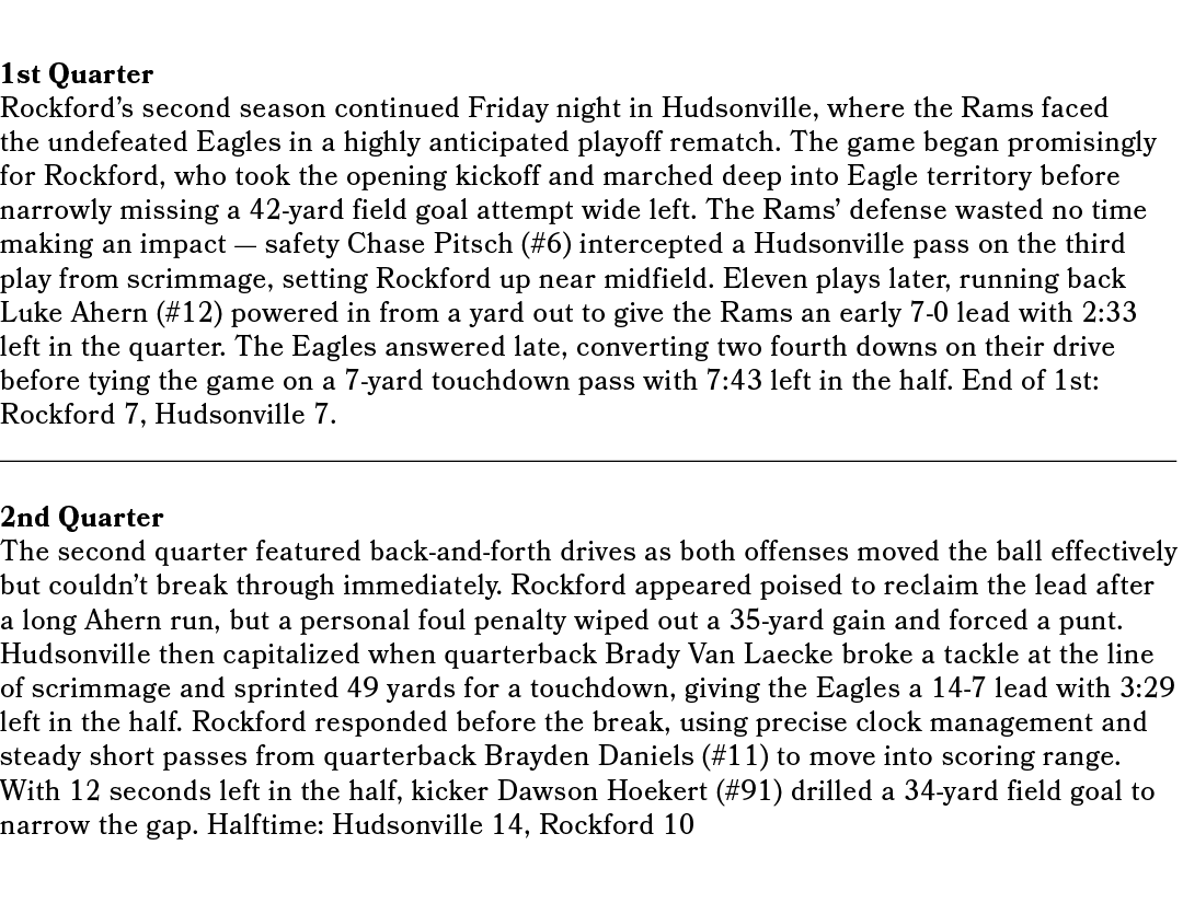 1st Quarter Rockford’s second season continued Friday night in Hudsonville, where the Rams faced the undefeated Eagle...