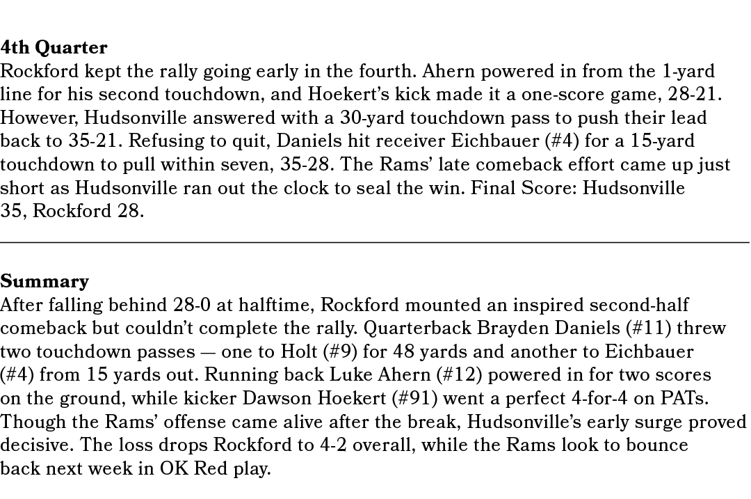 4th Quarter Rockford kept the rally going early in the fourth. Ahern powered in from the 1 yard line for his second t...