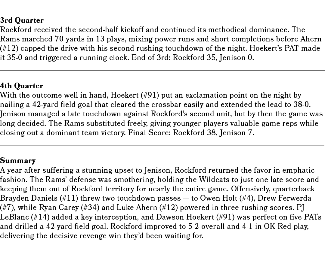 3rd Quarter Rockford received the second half kickoff and continued its methodical dominance. The Rams marched 70 yar...