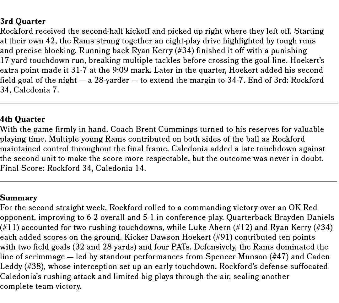 3rd Quarter Rockford received the second half kickoff and picked up right where they left off. Starting at their own ...