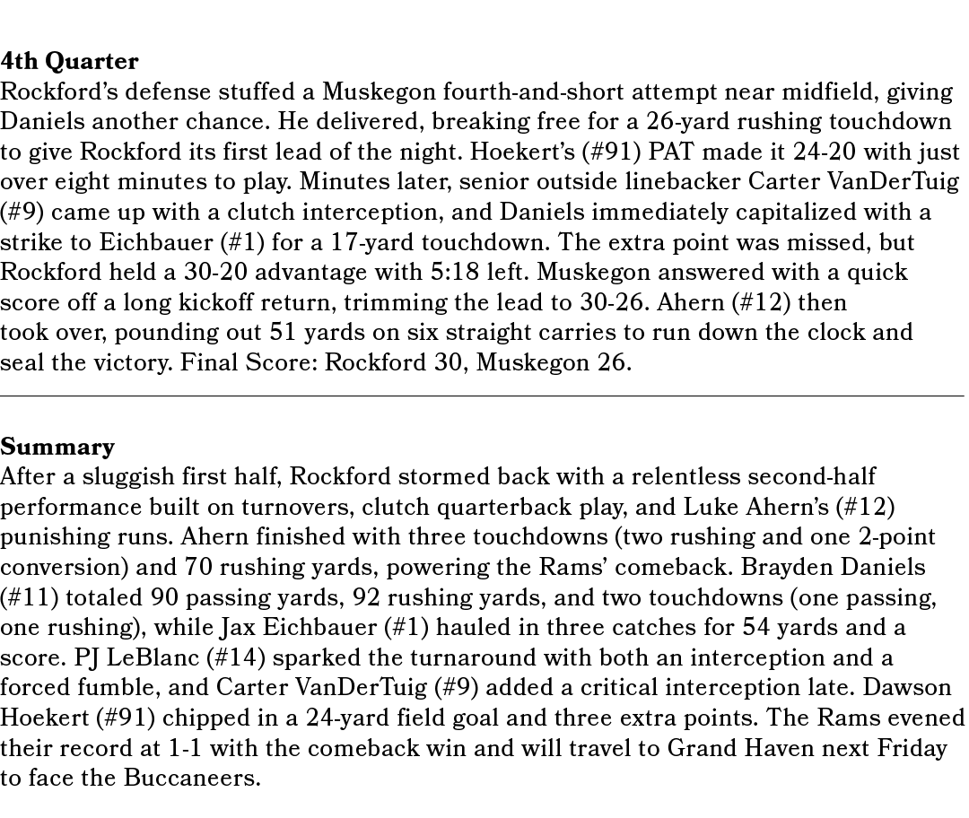 4th Quarter Rockford’s defense stuffed a Muskegon fourth and short attempt near midfield, giving Daniels another chan...