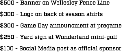 $500 Banner on Wellesley Fence Line $300 Logo on back of season shirts $300 Game Day announcment at pregame $250 Yard...