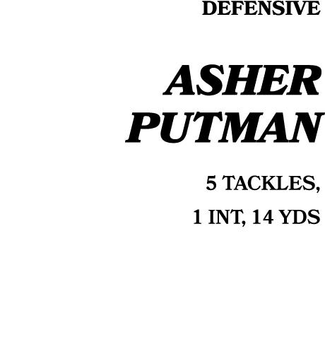 defensive asher putman 5 TACKLES, 1 INT, 14 YDS
