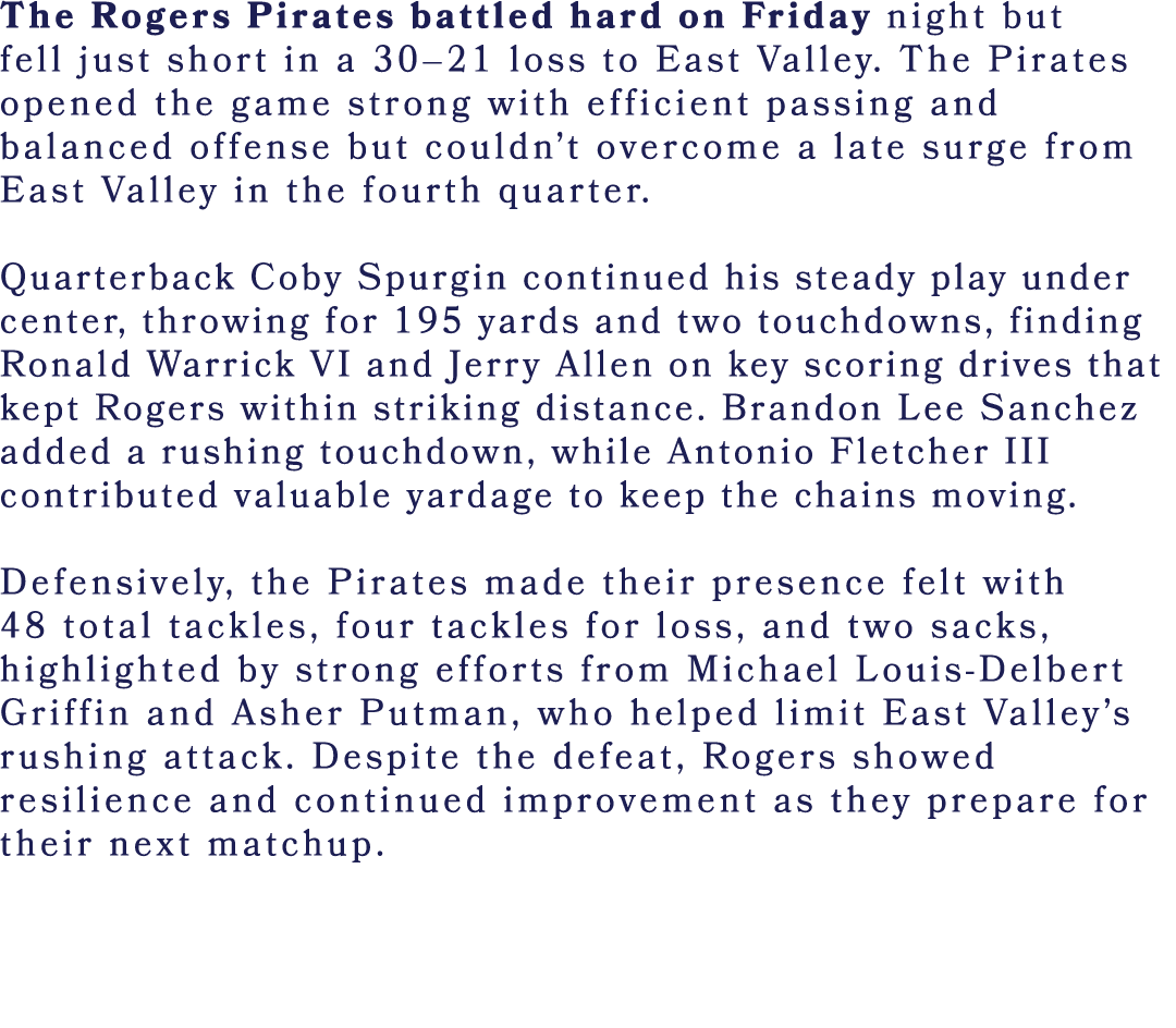 The Rogers Pirates battled hard on Friday night but fell just short in a 30–21 loss to East Valley. The Pirates opene...