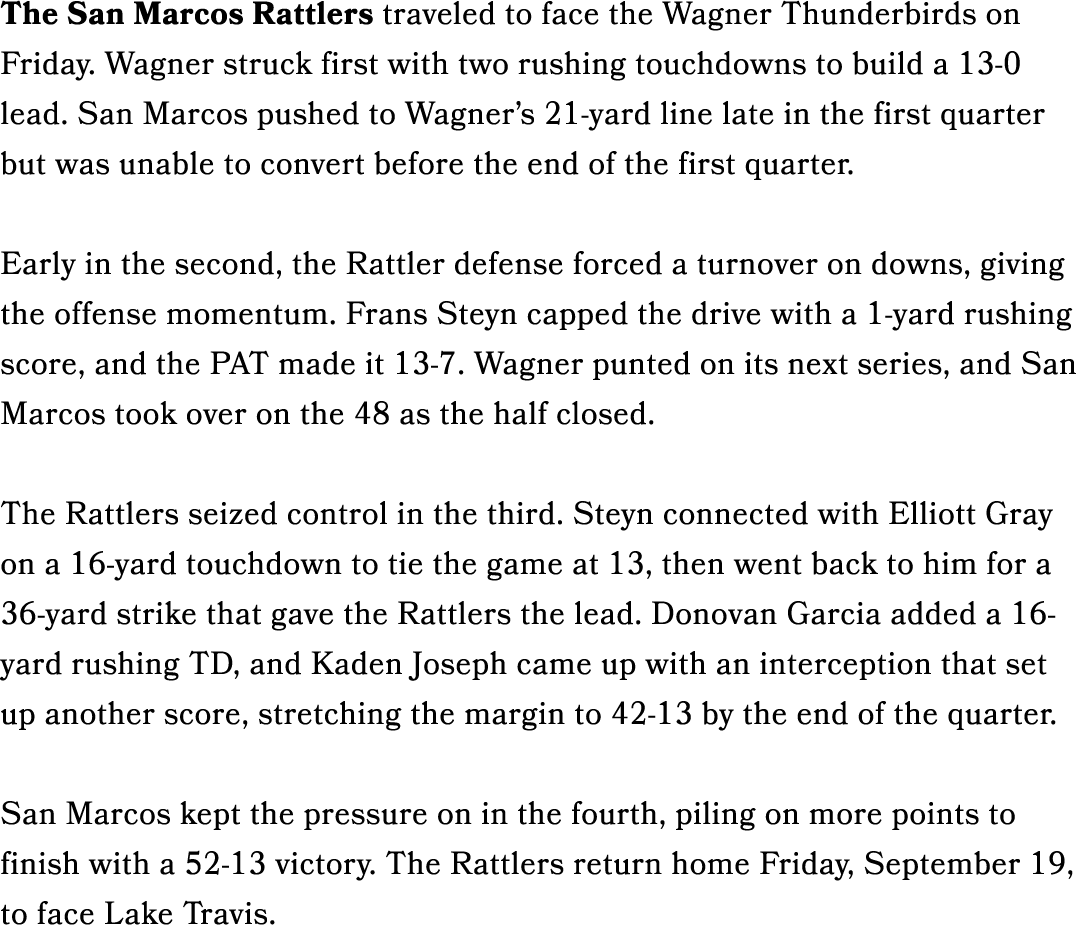 The San Marcos Rattlers traveled to face the Wagner Thunderbirds on Friday. Wagner struck first with two rushing touc...