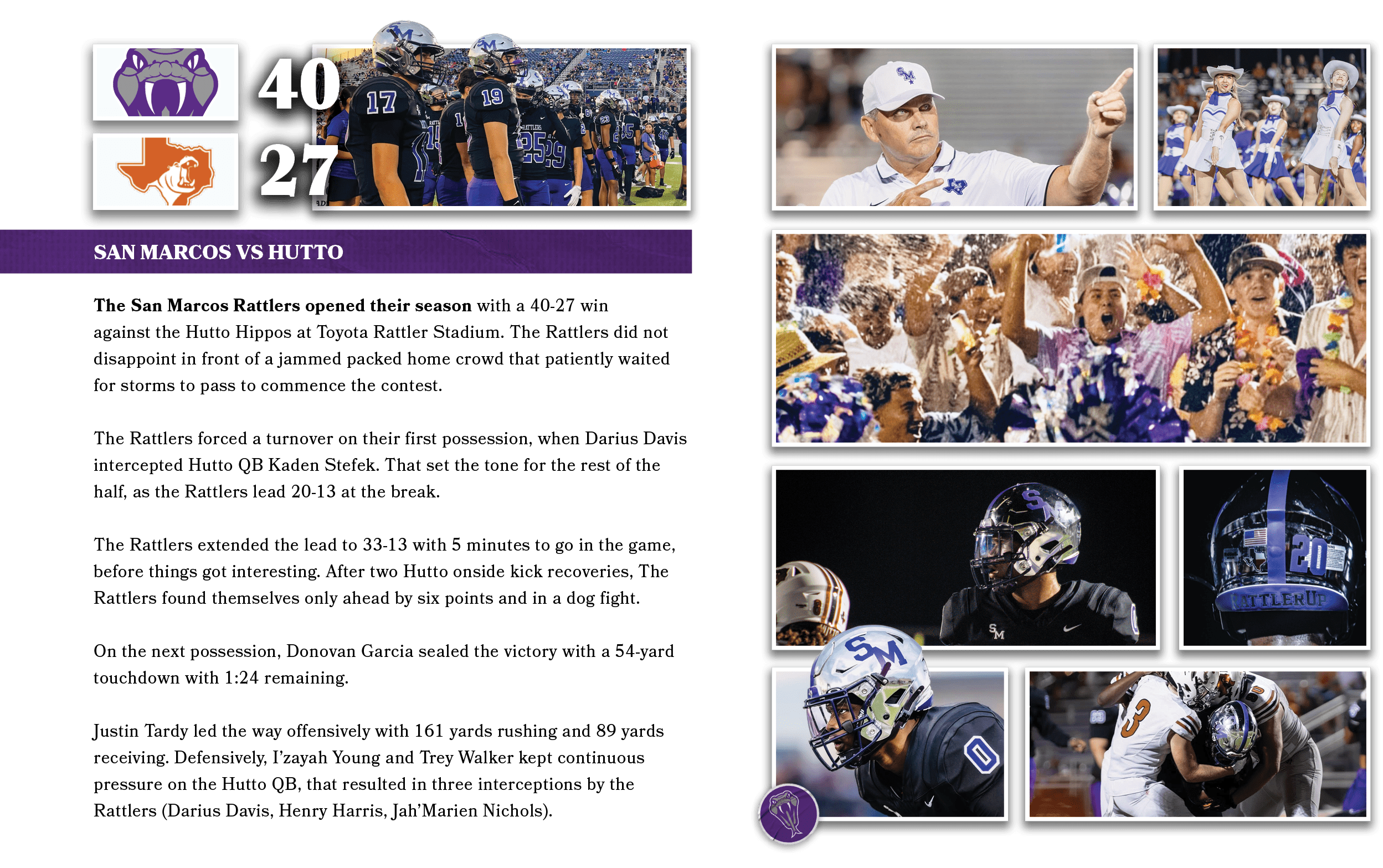 27,40 ,The San Marcos Rattlers opened their season with a 40 27 win against the Hutto Hippos at Toyota Rattler Stadiu...