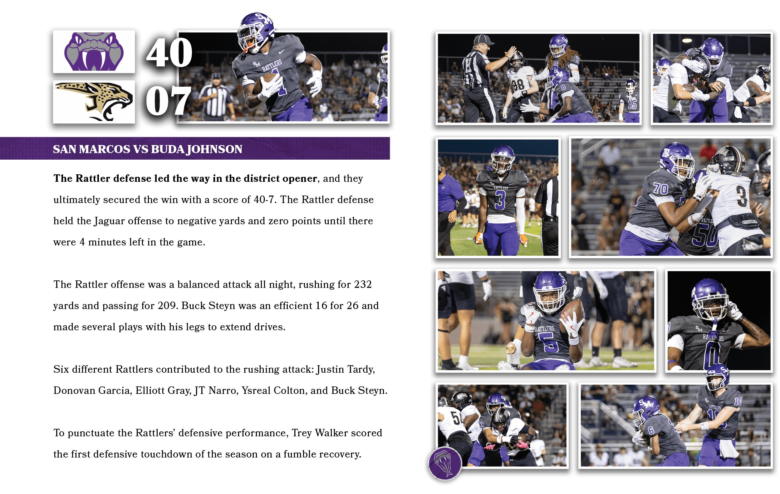 07,40,The Rattler defense led the way in the district opener, and they ultimately secured the win with a score of 40 ...