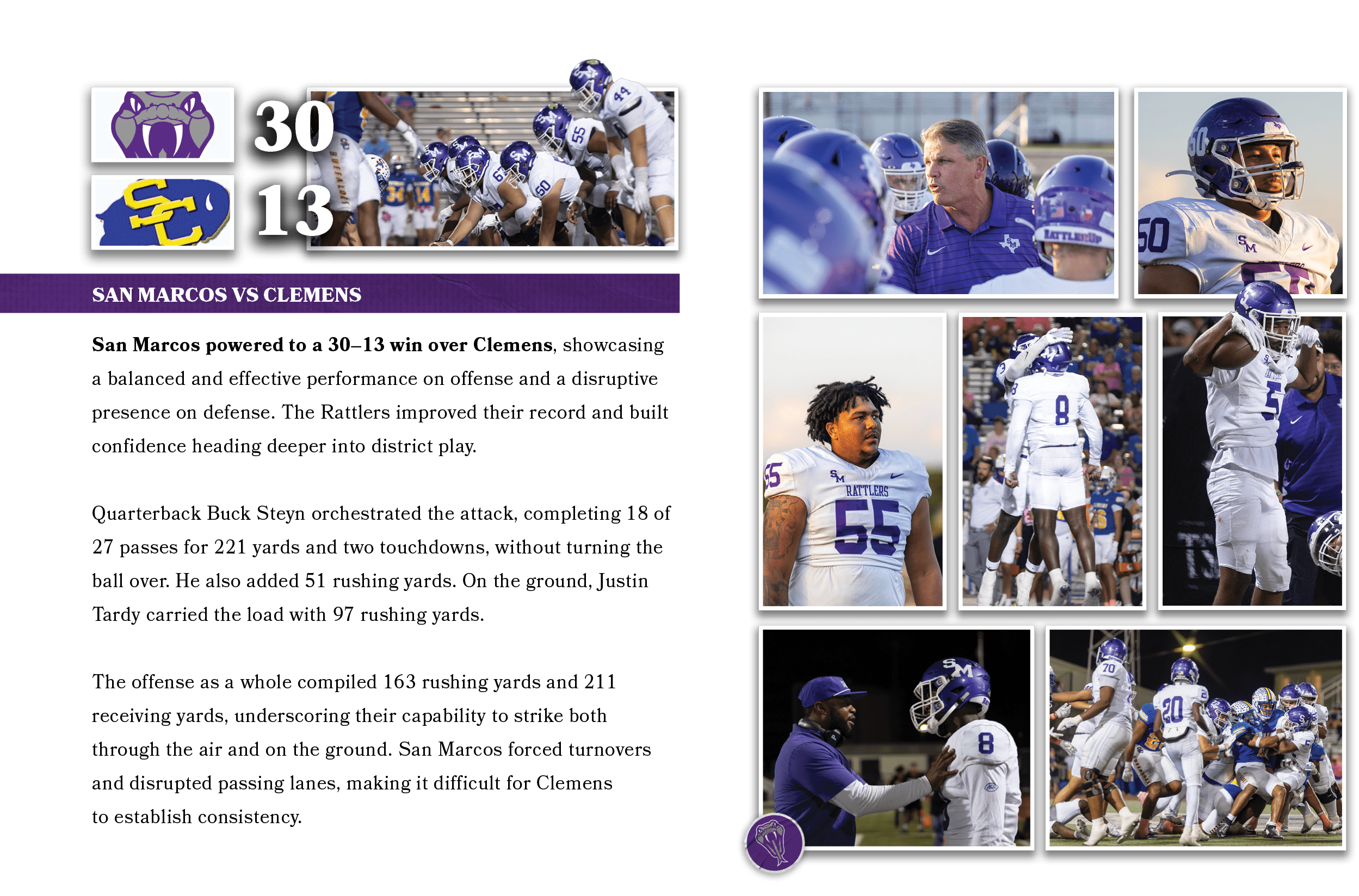 13,30,San Marcos powered to a 30–13 win over Clemens, showcasing a balanced and effective performance on offense and ...