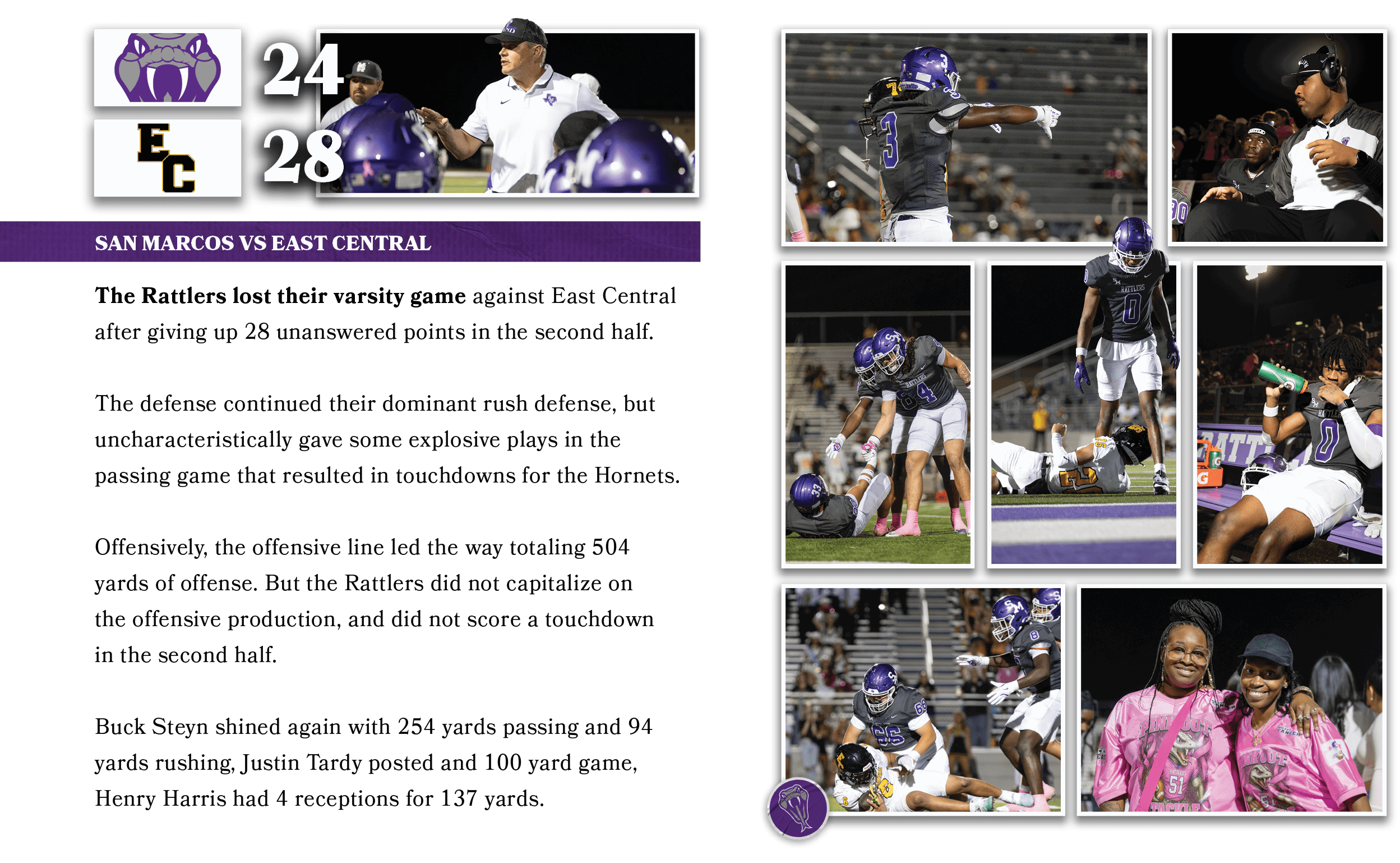 28,24,The Rattlers lost their varsity game against East Central after giving up 28 unanswered points in the second ha...