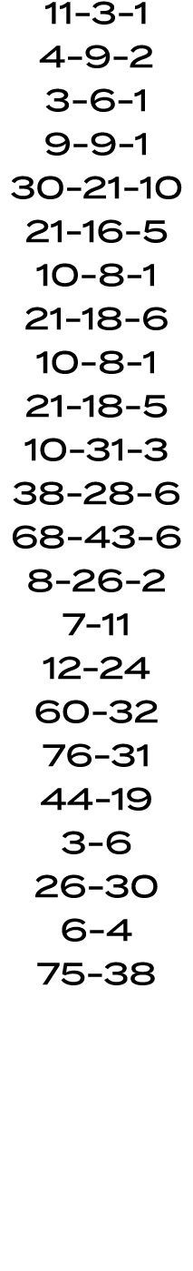 11 3 1 4 9 2 3 6 1 9 9 1 30 21 10 21 16 5 10 8 1 21 18 6 10 8 1 21 18 5 10 31 3 38 28 6 68 43 6 8 26 2 7 11 12 24 60 ...