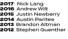 2017 Nick Lang 2016 Andrew Wilt 2015 Justin Newberry 2014 Austin Paritee 2013 Brandon Altman 2012 Stephen Guenther 