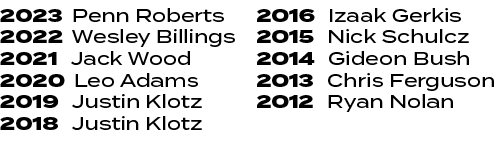 2016 Izaak Gerkis 2015 Nick Schulcz 2014 Gideon Bush 2013 Chris Ferguson 2012 Ryan Nolan ,2023 Penn Roberts 2022 Wesl...