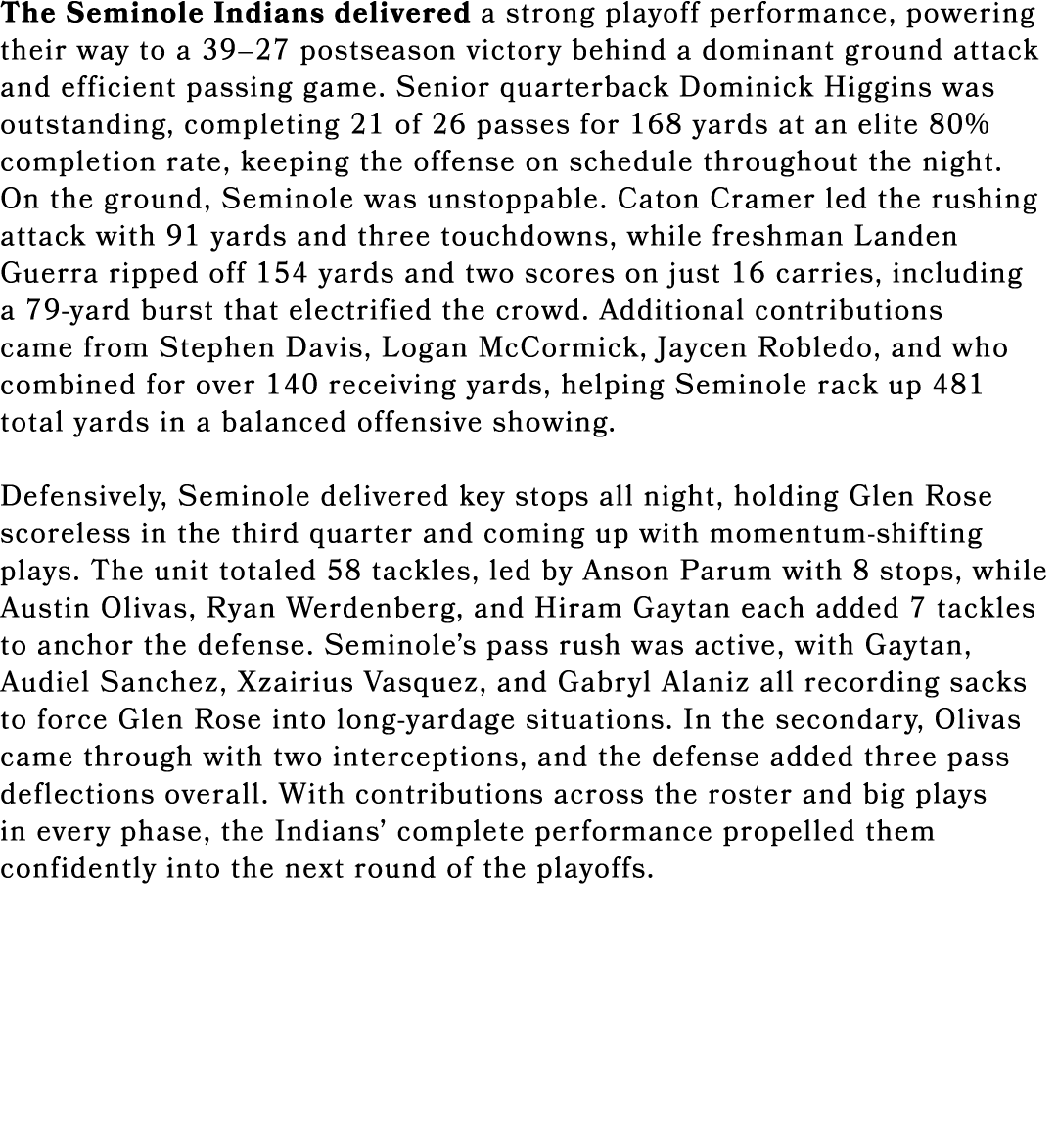 The Seminole Indians delivered a strong playoff performance, powering their way to a 39–27 postseason victory behind ...