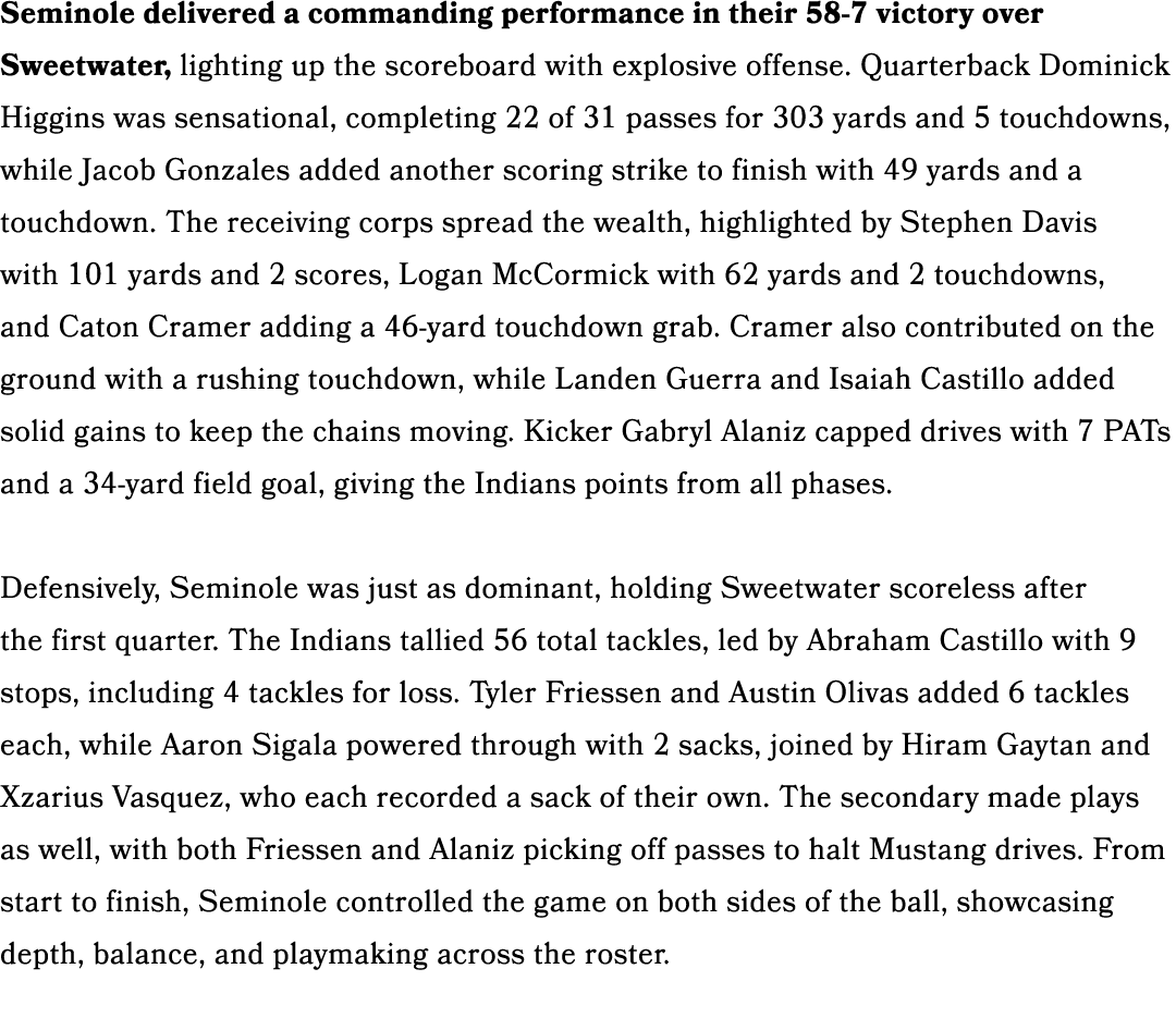 Seminole delivered a commanding performance in their 58 7 victory over Sweetwater, lighting up the scoreboard with ex...