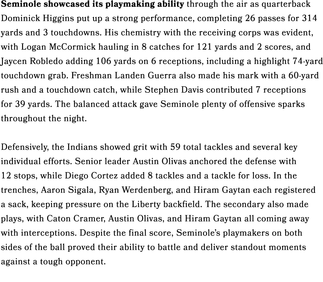 Seminole showcased its playmaking ability through the air as quarterback Dominick Higgins put up a strong performance...