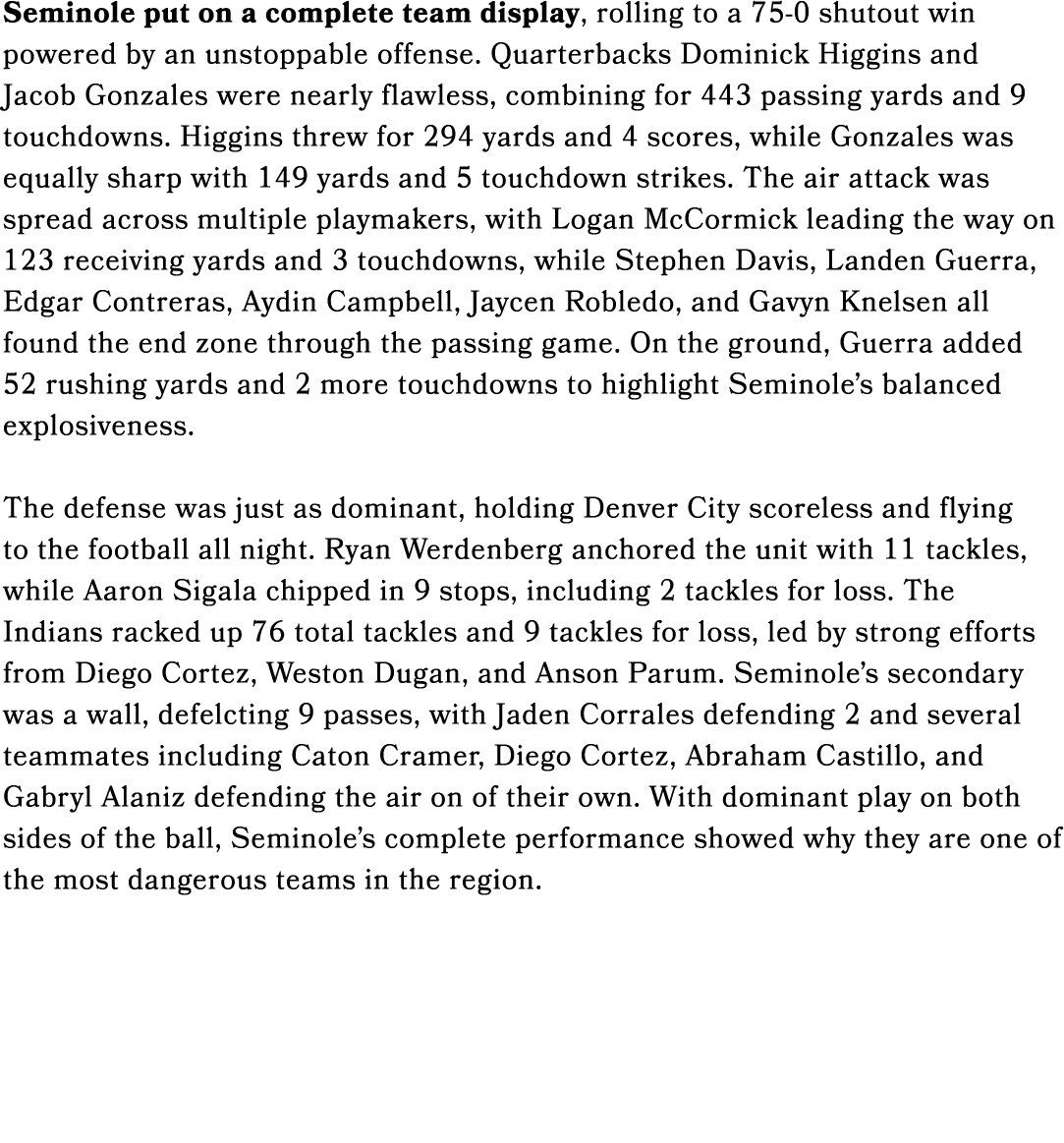 Seminole put on a complete team display, rolling to a 75 0 shutout win powered by an unstoppable offense. Quarterback...