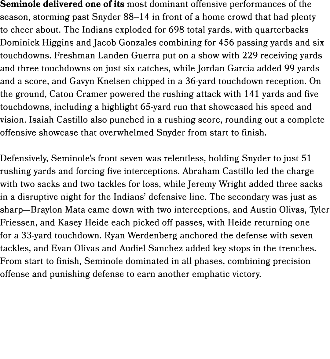 Seminole delivered one of its most dominant offensive performances of the season, storming past Snyder 88–14 in front...